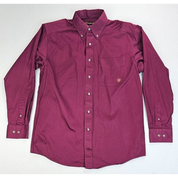 Ariat Size Medium Mens Burgundy Button Down Embroidered Chest Neck Logo Shirt - Picture 1 of 11